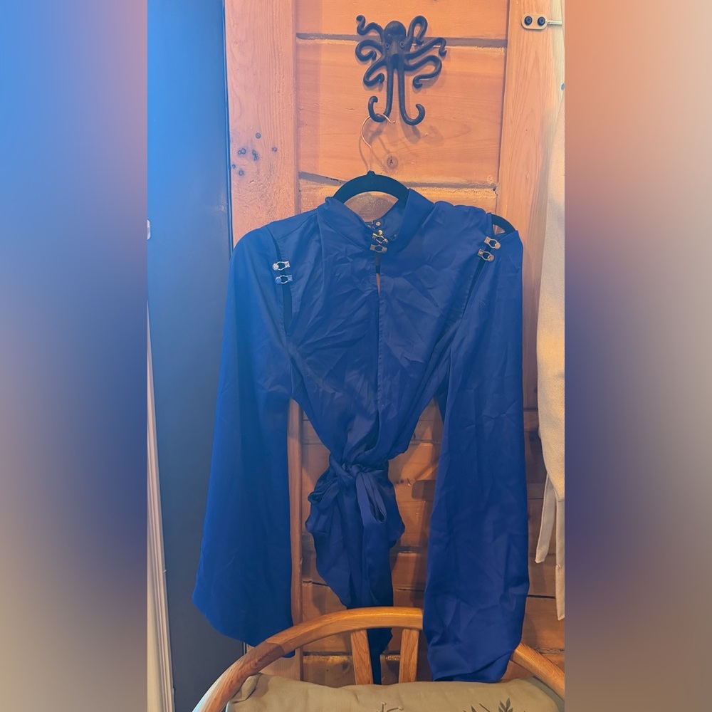 Honey Birdette Royal Blue Satin Long Sleeve Robe Bodysuit - Picture 3 of 5